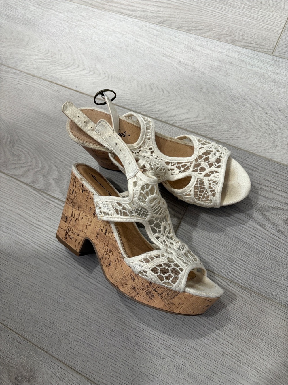 American Eagle Outfitters Cream Crochet Cork Platform Sandals